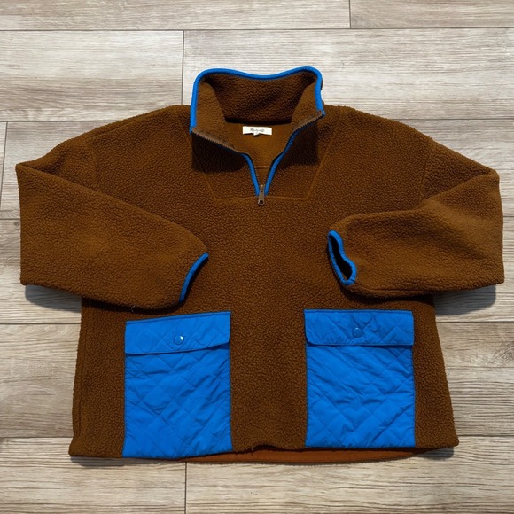 Madewell Tops - Madewell Sherpa Fleece Half Zip Pullover Brown Blue Quilted Pockets Medium